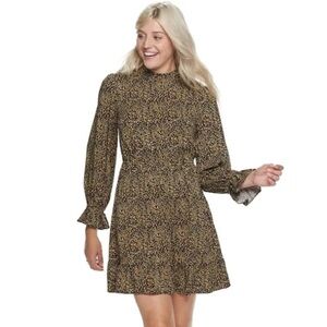 POPSUGAR Mock Neck Mini Dress Leopard Animal Print Cuffed Flutter Sleeves Size M